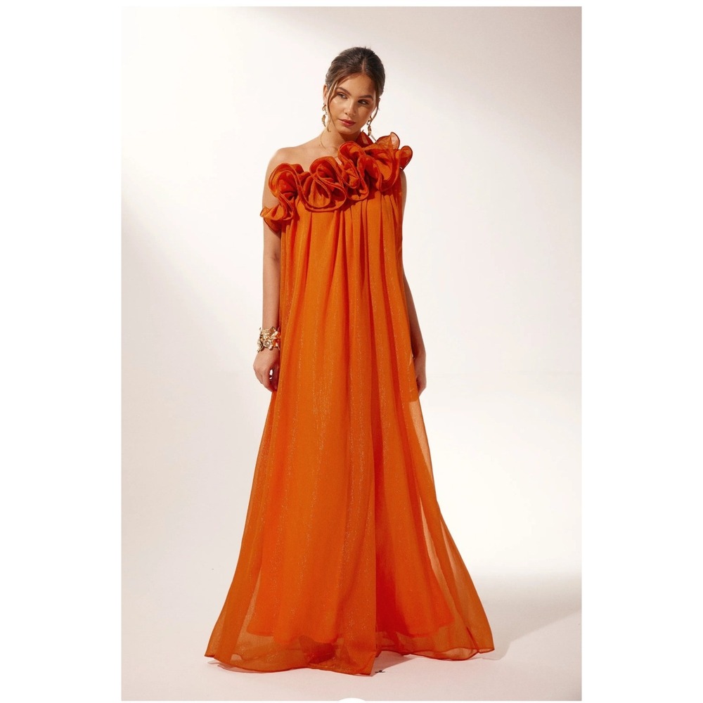 Sunfere Hedda One Shoulder Ruffle Maxi Dress Women Large Orange NWT Whimsical